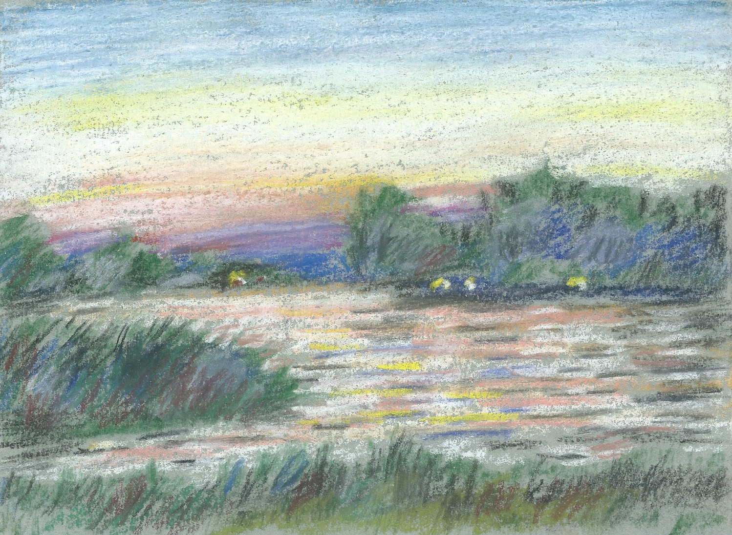 Sunset with mauve and gold mist from near Petersham Meadow Richmond  soft pastels