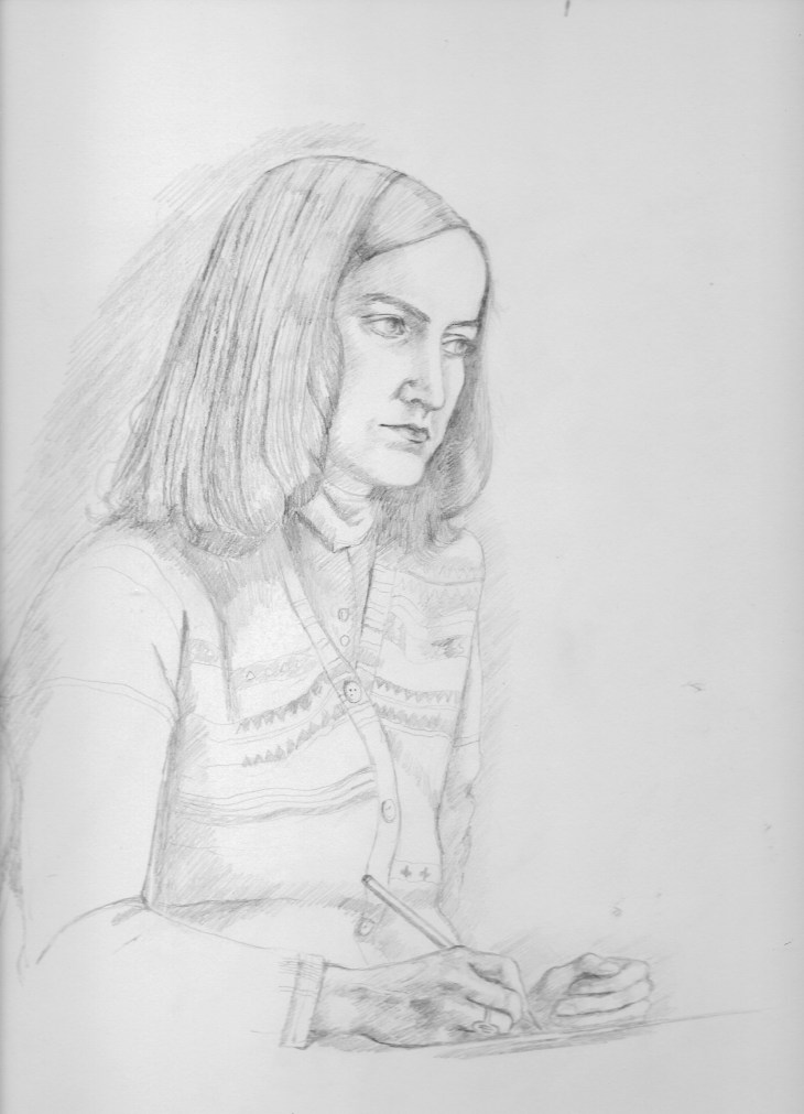 Pat Self-Portrait drawing done with 2 mirrors 1977