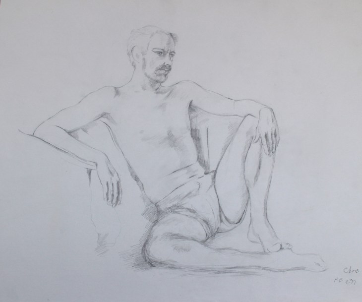Chris posing at Derek Shiel's Life class 1977