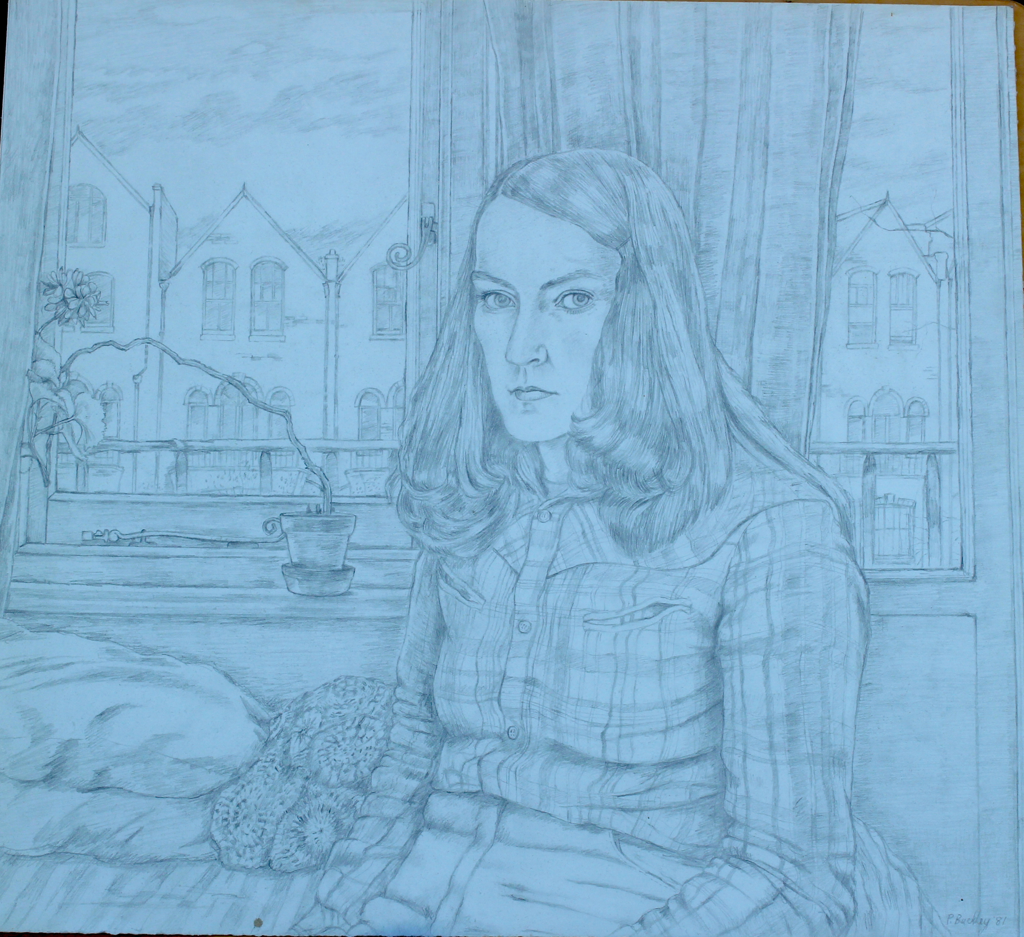 Self-Portrait with window view Greencroft Gardens 1981 (35mm lens F14 cust.wb :balcony)