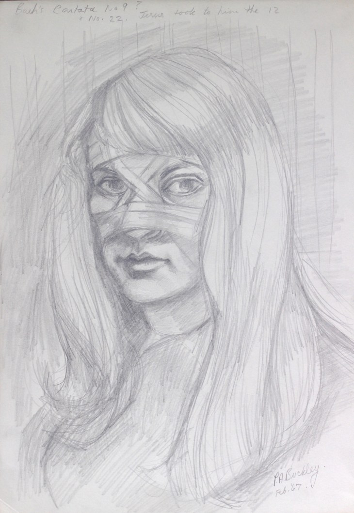 self portrait with plaster:bandages post surgery for re setting of cracked nose feb 1967